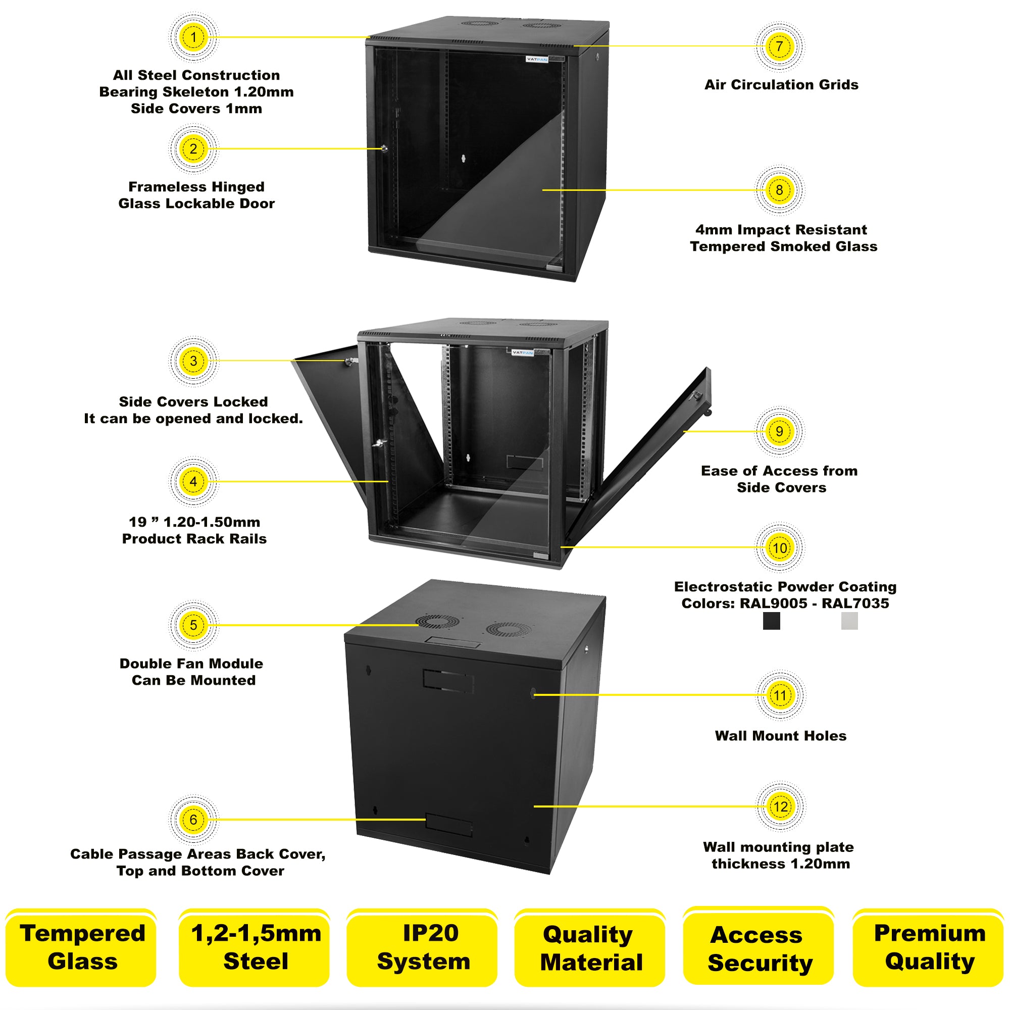 Gabinete en rack para servidores de montaje en pared 7U | Gabinete de red de datos para montaje en bastidor | Gabinete de red de TI de 19 pulgadas con panel de vidrio templado de 4 mm | Profundidad de 24 pulgadas (600 mm)