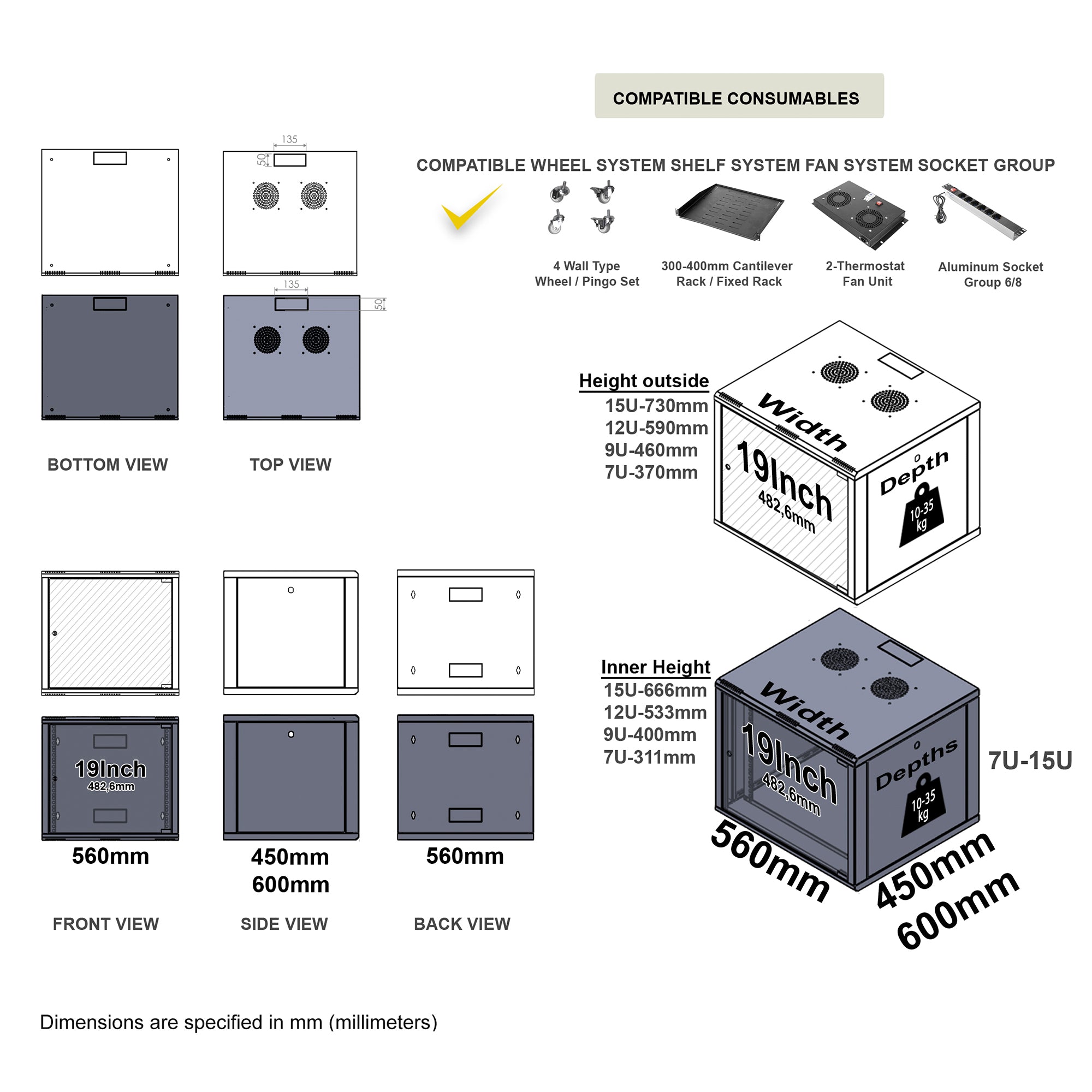 Gabinete en rack para servidores de montaje en pared 7U | Gabinete de red de datos para montaje en bastidor | Gabinete de red de TI de 19 pulgadas con panel de vidrio templado de 4 mm | Profundidad de 24 pulgadas (600 mm)