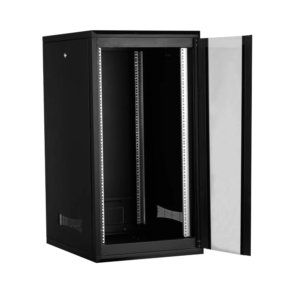 24U Floor Standing Server Rack Cabinet - Free Standing IT Network Enclosure w/ Lock & Tempered Front Glass | Modular with Wheels | 600mm W x 800mm D (24"x32")