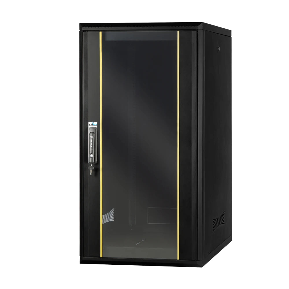 24U Floor Standing Server Rack Cabinet - Free Standing IT Network Enclosure w/ Lock & Tempered Front Glass | Modular with Wheels | 600mm W x 1000mm D(24"x40")