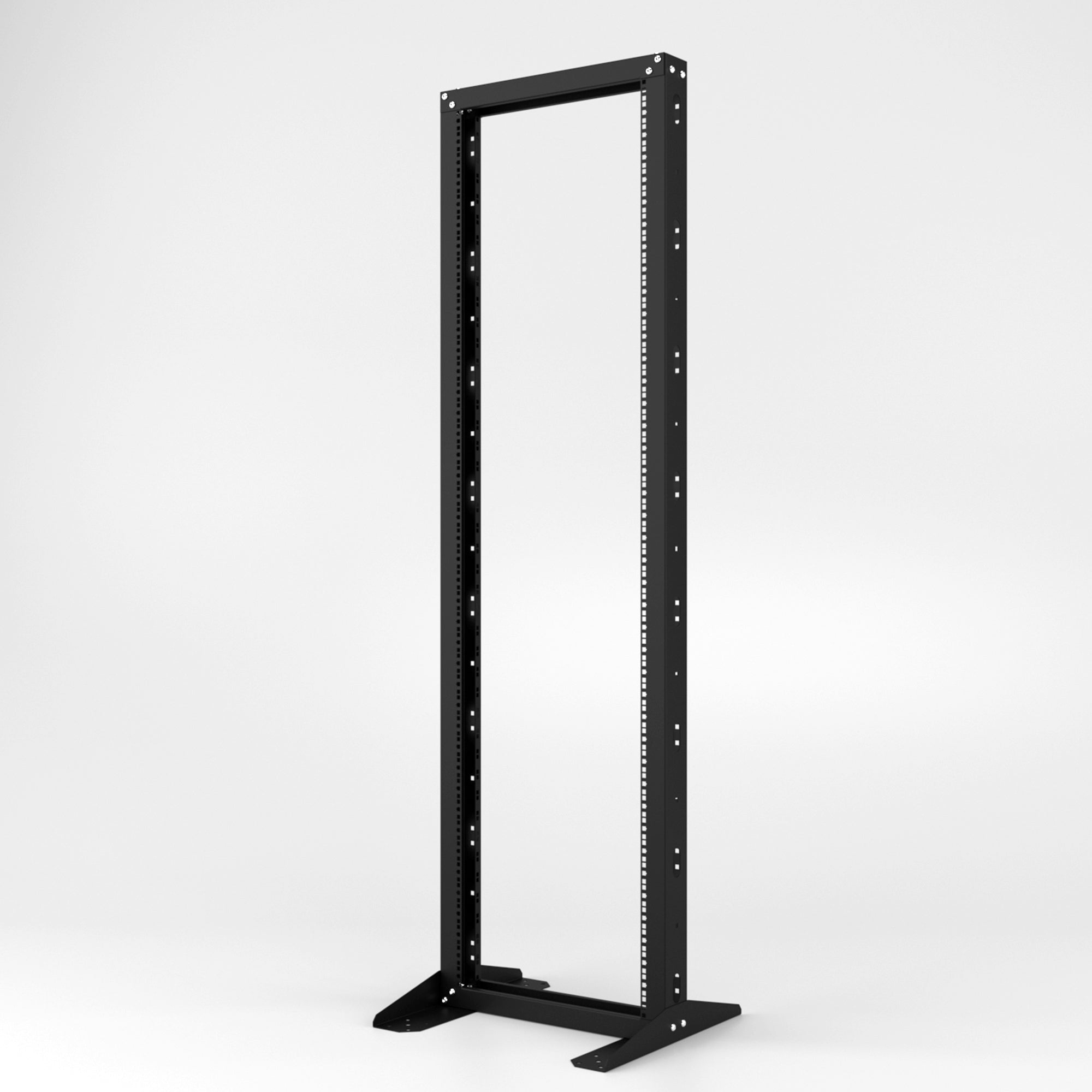 Adjustable floor mountable open frame server rack made of thick steel for durability.