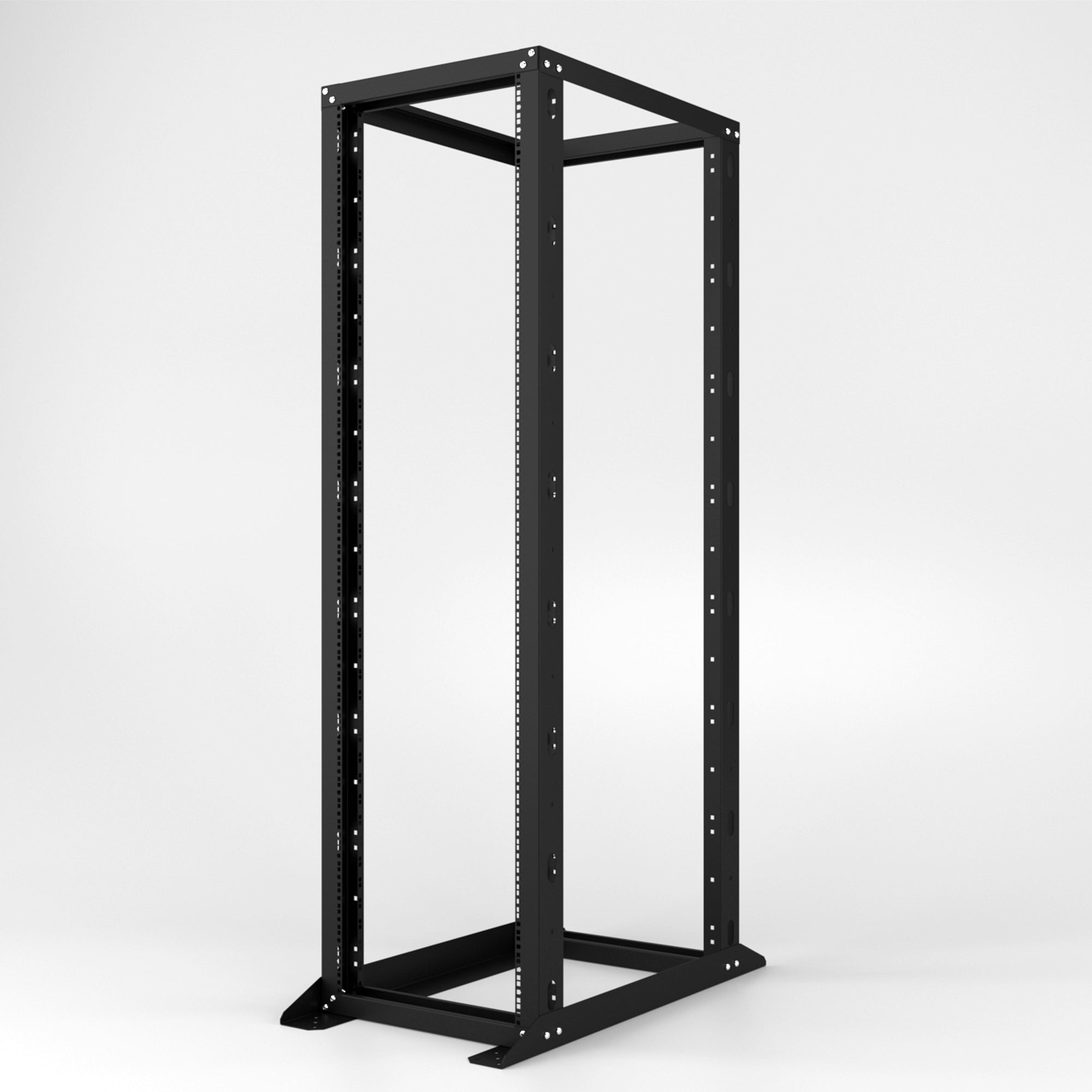 Adjustable open frame server rack for IT network, floor mountable with thick steel.