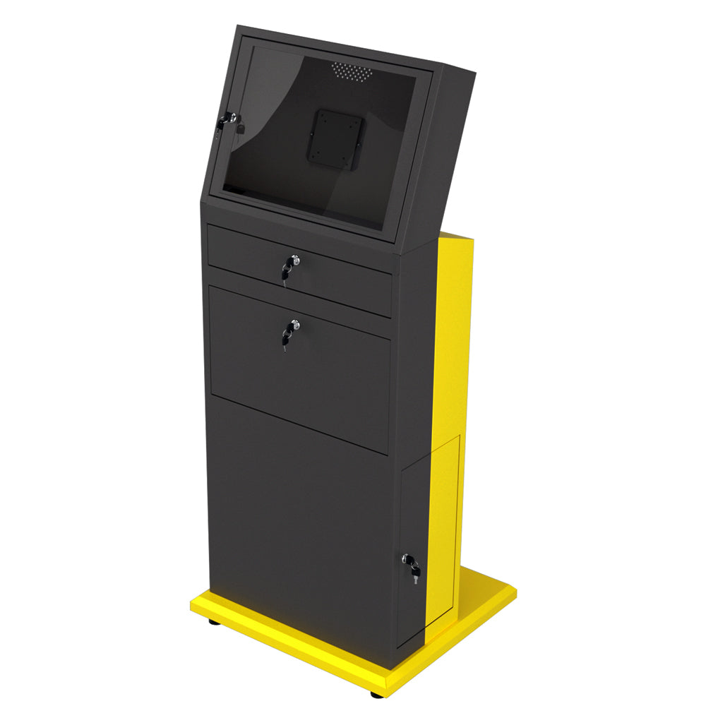 Beautiful yellow mobile workstation cabinet with printer storage for industrial use.