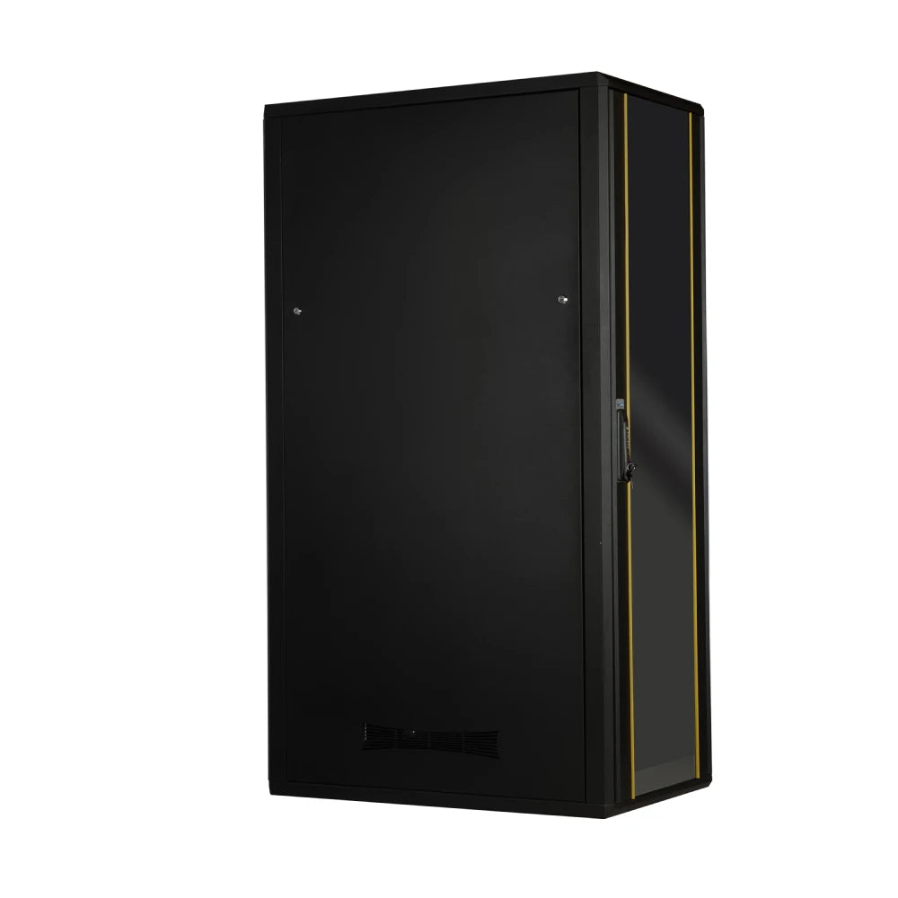 Floor standing IT network enclosure with tempered glass and lock for security and durability.