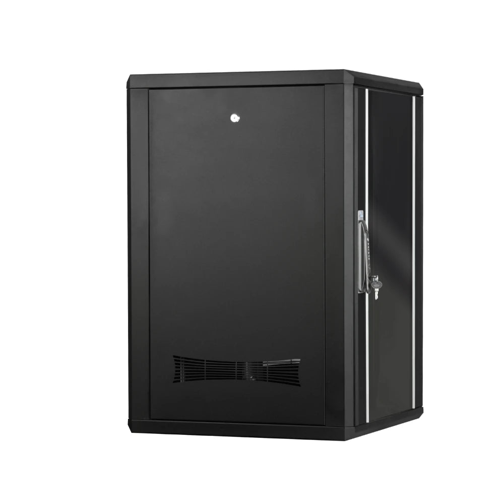 Floor standing network server rack cabinet enclosure designed for efficient server management.