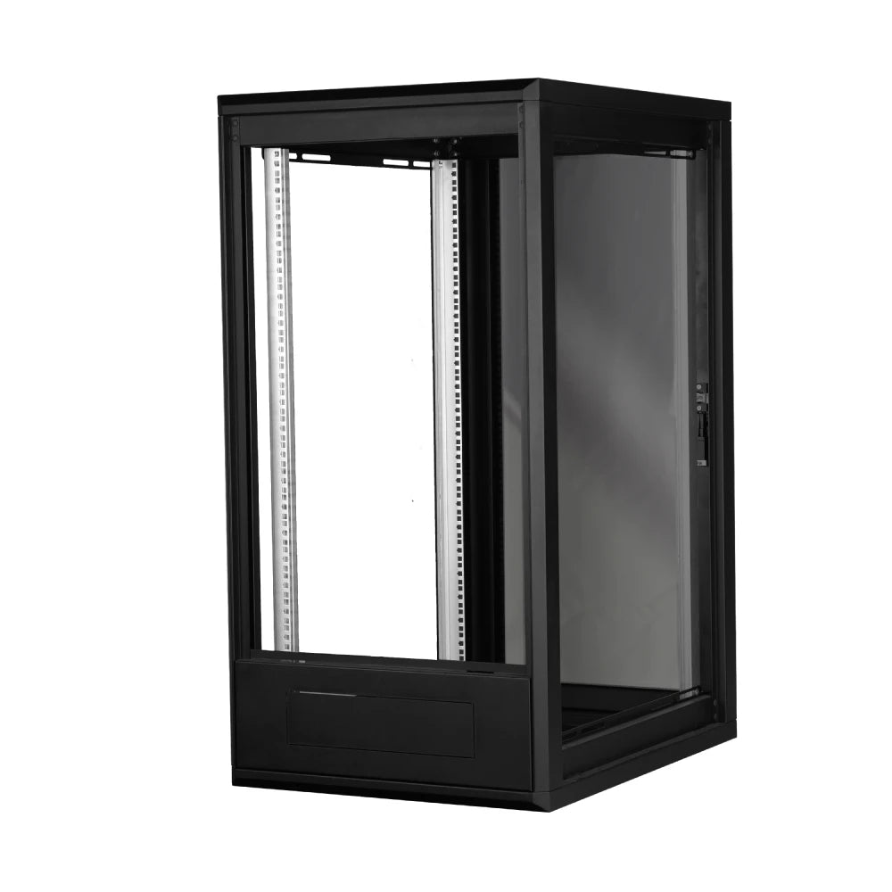 Free standing server rack cabinet with lock and glass enclosure for secure IT storage solutions.