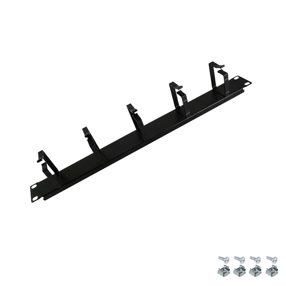 Metal horizontal cable management panel with D-rings, ideal for server and network rack organization.