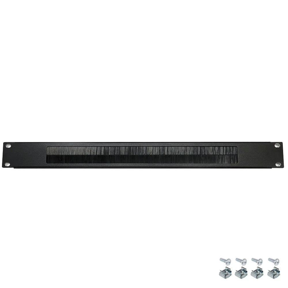 Metal horizontal rack mount cable management brush panel for organized IT server and network racks.