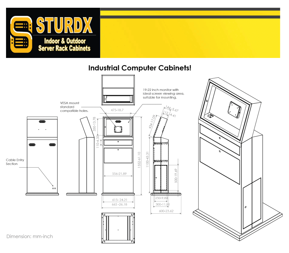 Mobile industrial computer cabinet with an LCD monitor cart for flexible IT setup.