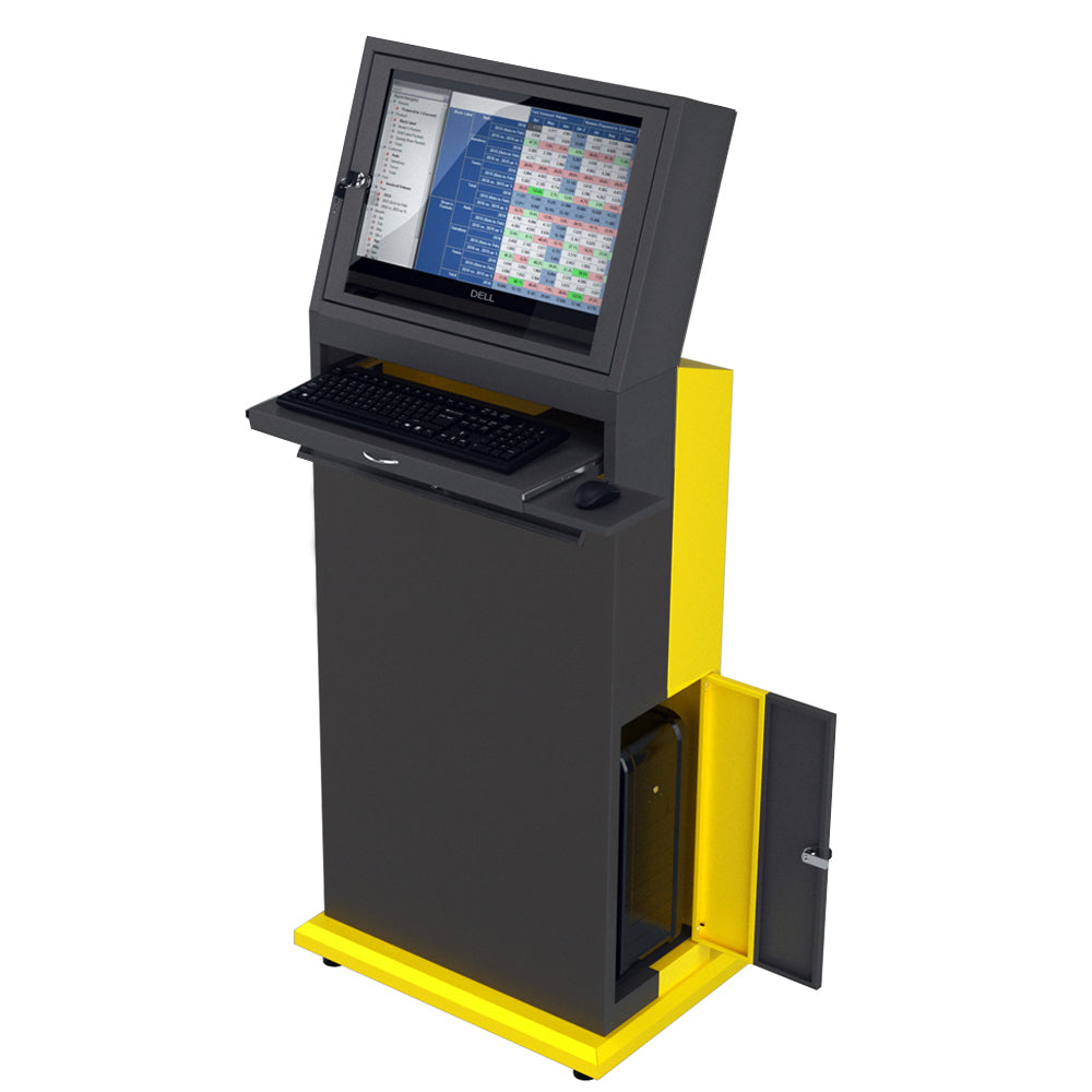 Mobile industrial computer cabinet with a yellow enclosure for secure and versatile use.