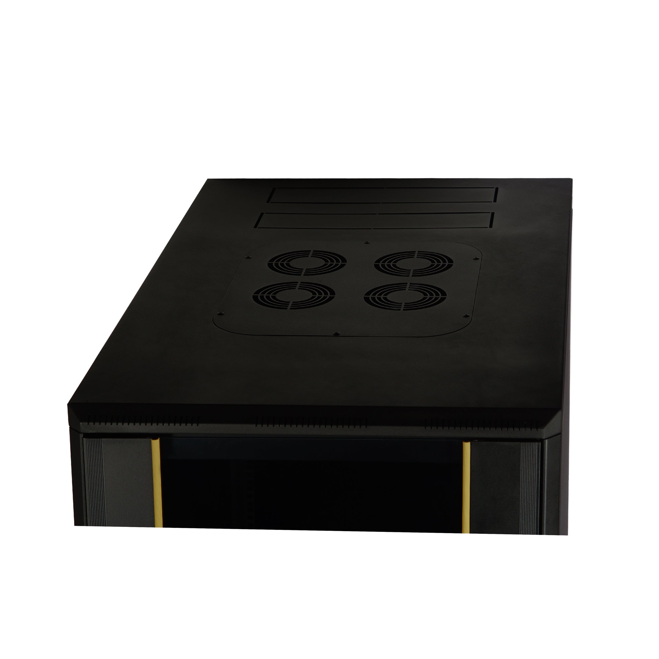 Modular server cabinet with wheels and tempered glass front for improved accessibility.