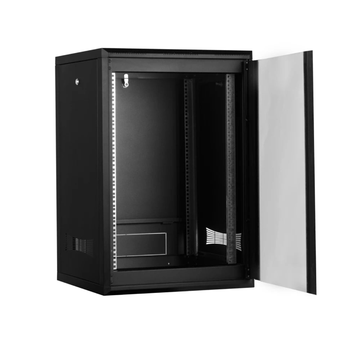 Modular server rack cabinet with tempered front glass for secure and organized IT storage.