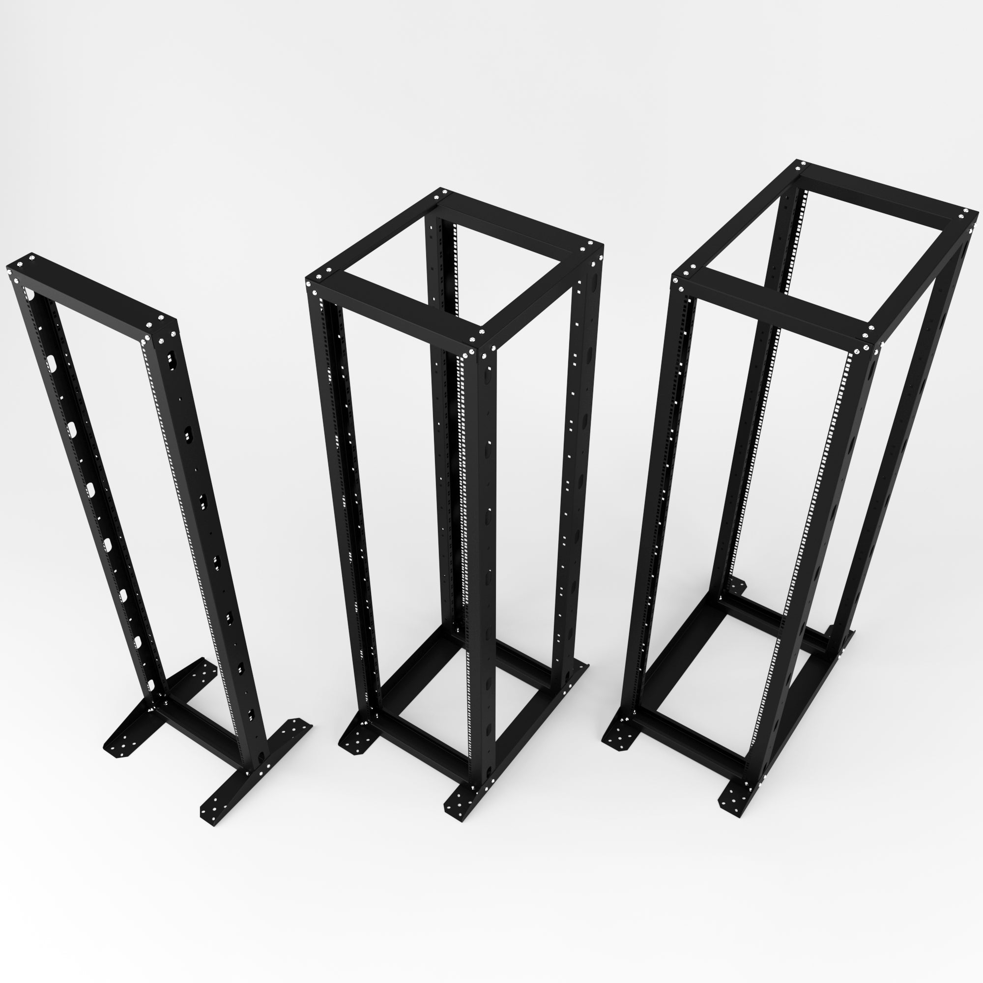 Open frame IT network rack with floor mount and adjustable shelves for flexibility.