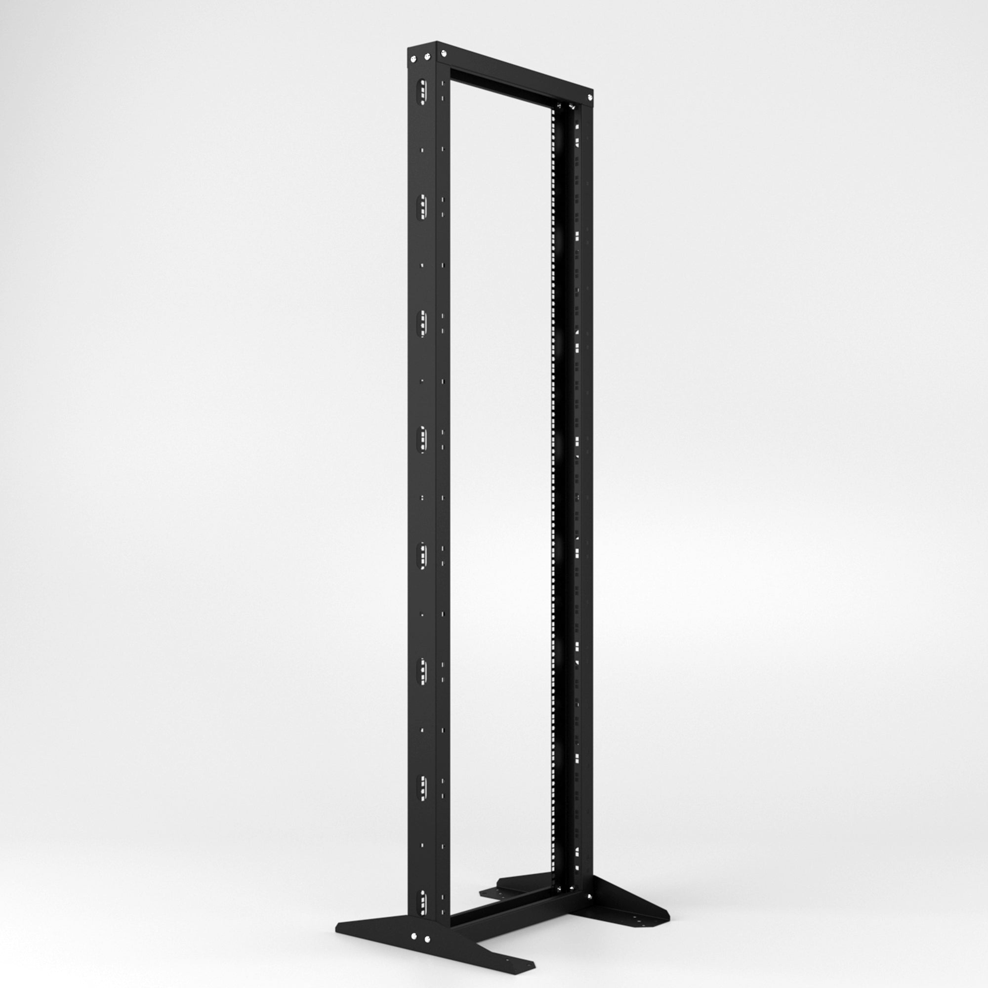 Open frame IT network rack with thick steel and adjustable floor mount design.