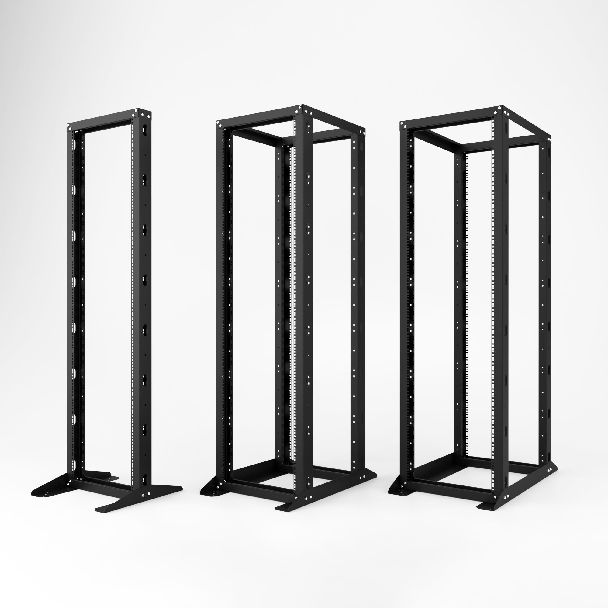 Adjustable open frame server rack, floor mountable for IT network installations.