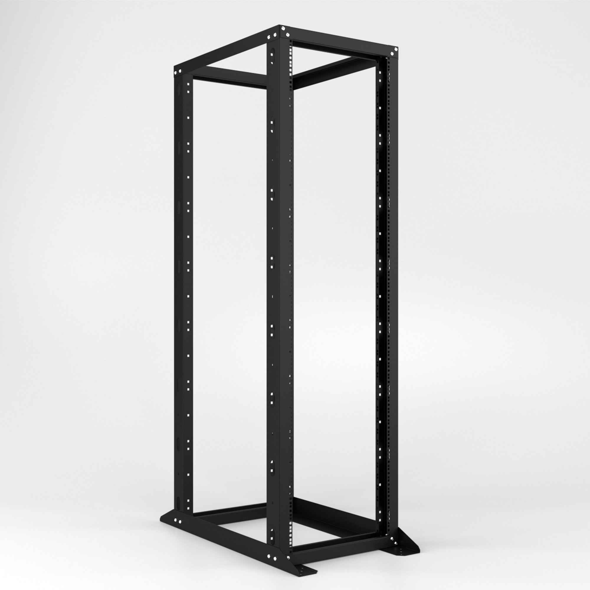 Adjustable open frame server rack with floor mountable design and thick steel.