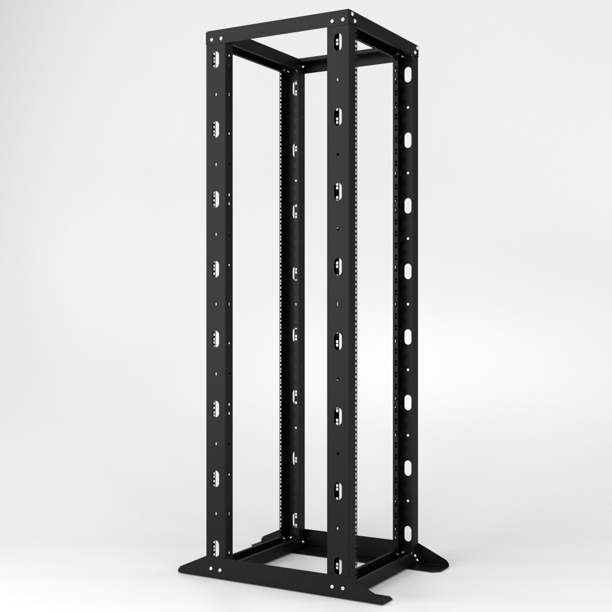 Open frame server rack for IT network with floor mountable steel construction.