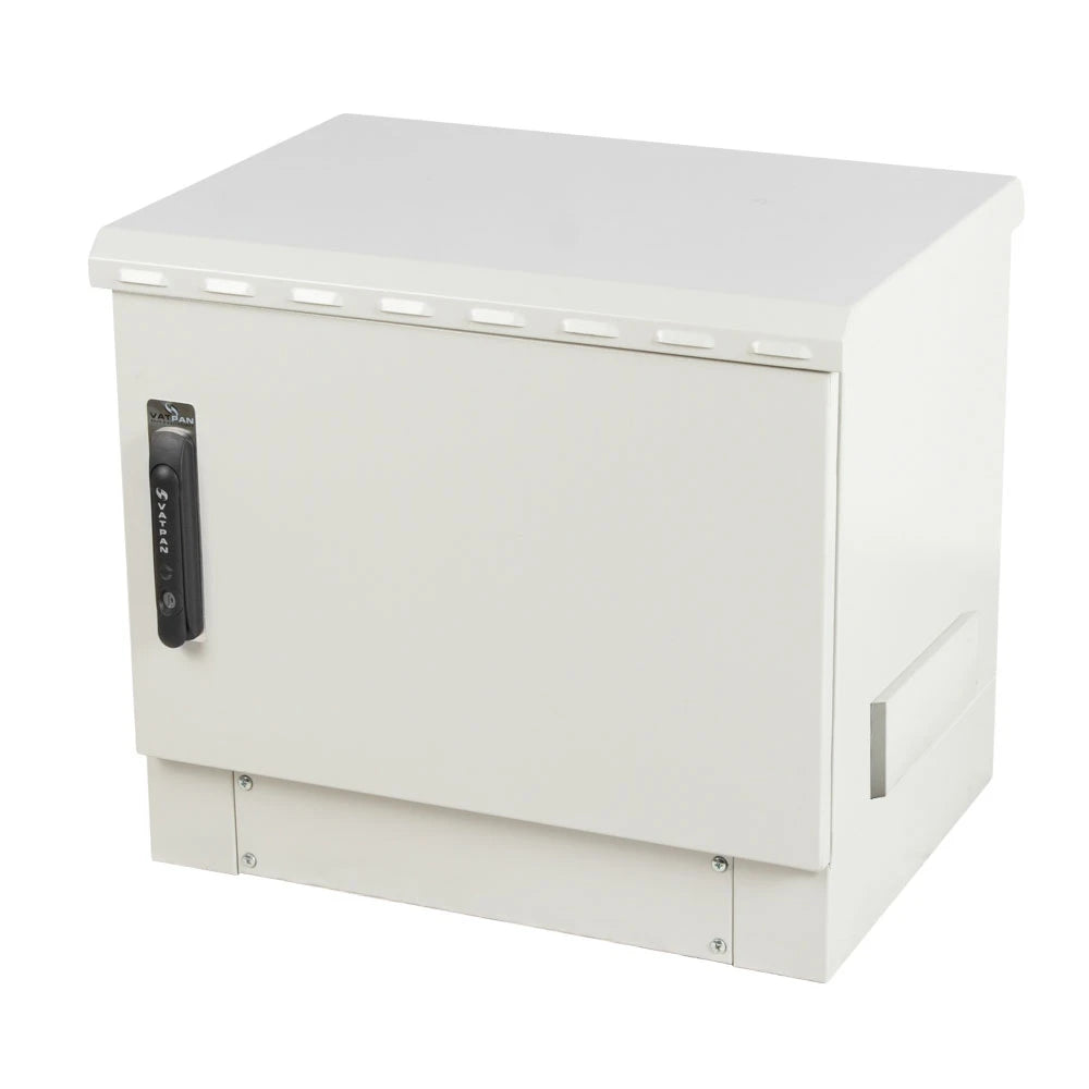 Weatherproof outdoor network cabinet, rating for durable and secure storage in harsh environments.