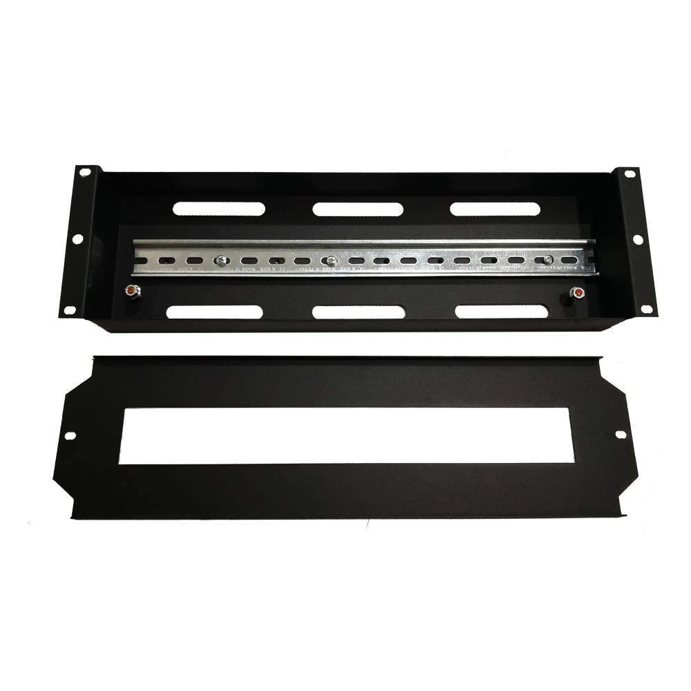 Steel rack mount panel with DIN rail kit for secure enclosure in server racks.