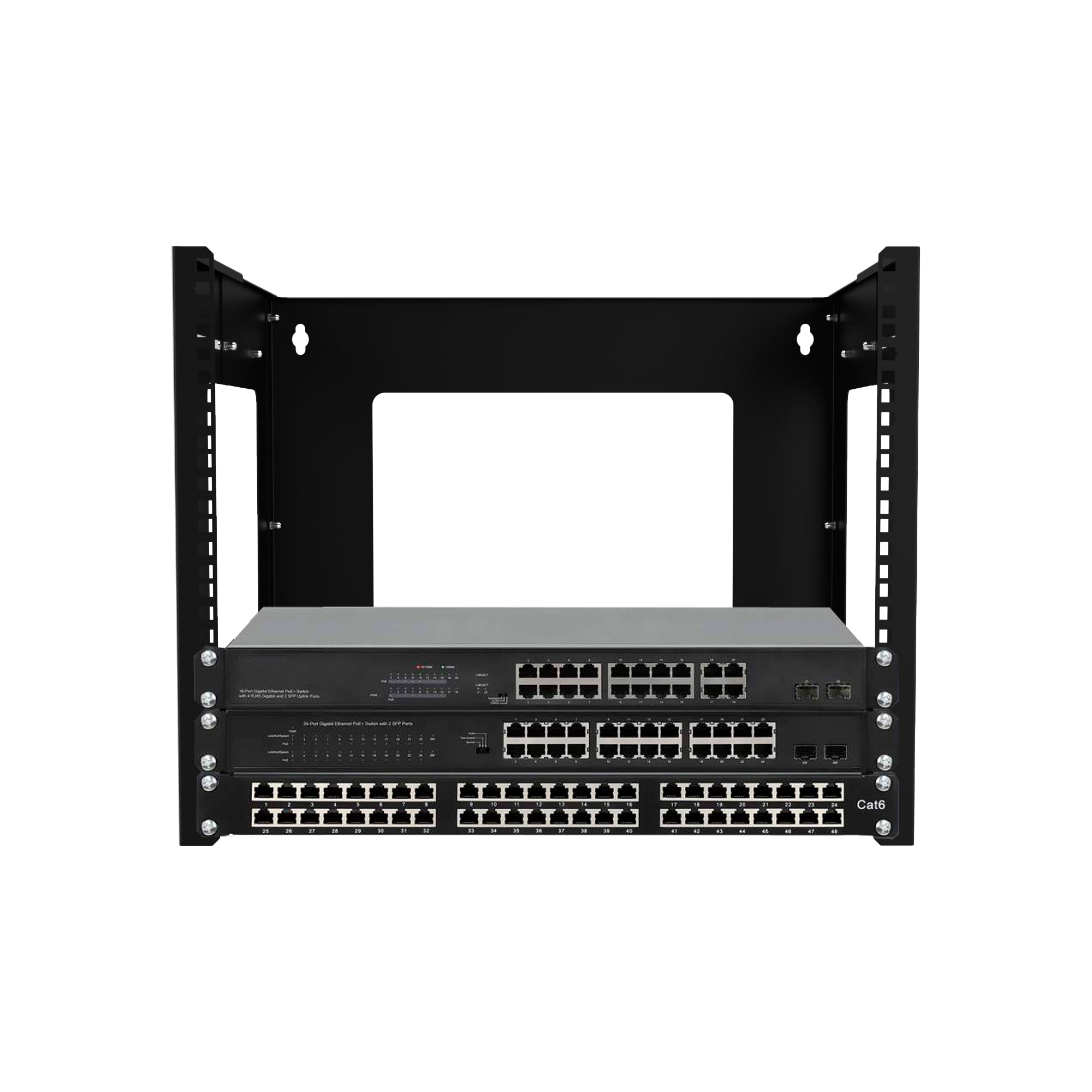 Robust wall mount IT rack with shelves for easy organization and access to equipment.