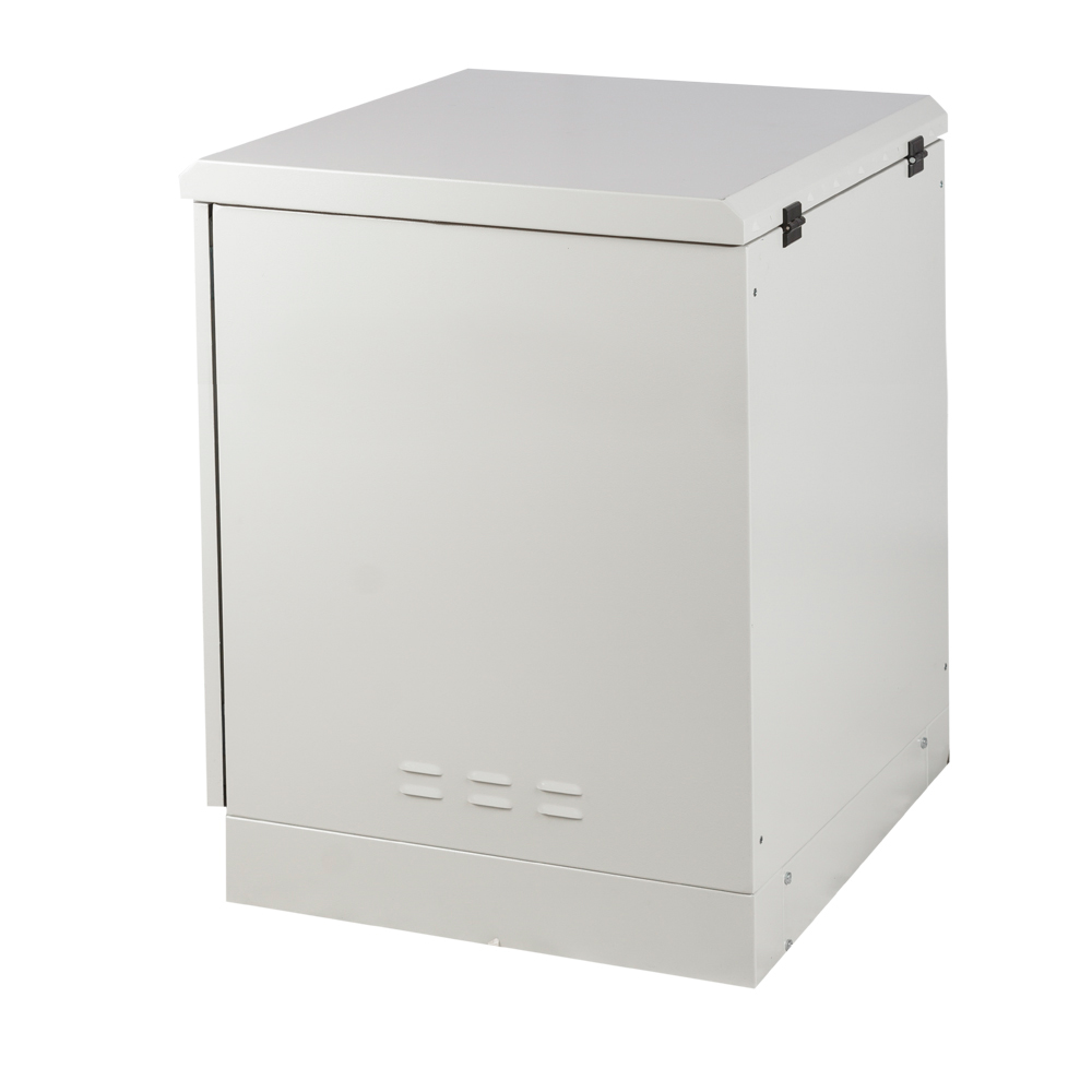 Rugged outdoor network cabinet with fan ventilation option for improved airflow and cooling.