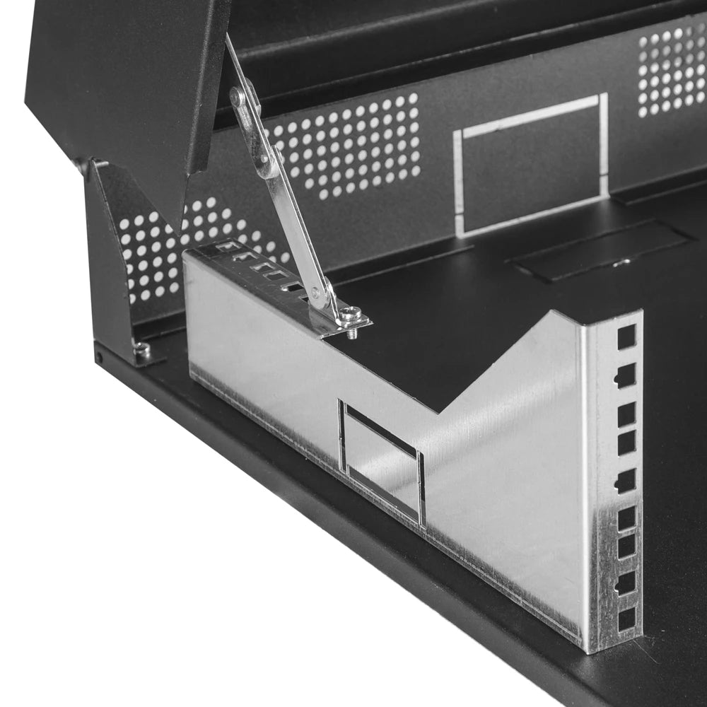 Secure wall mounted IT network equipment enclosure with an office box design for organized, protected storage.