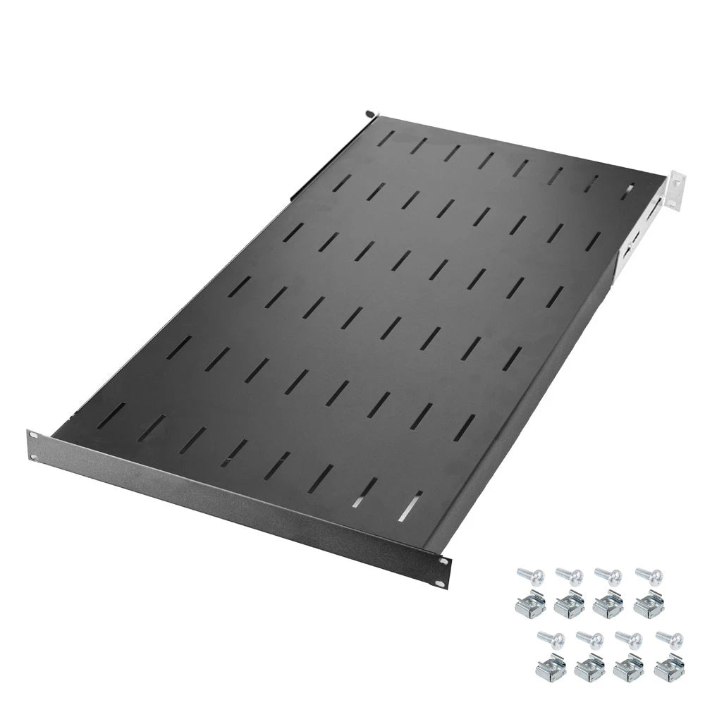 Fixed rack shelf with vented design, suitable for server rooms and network rack setups.