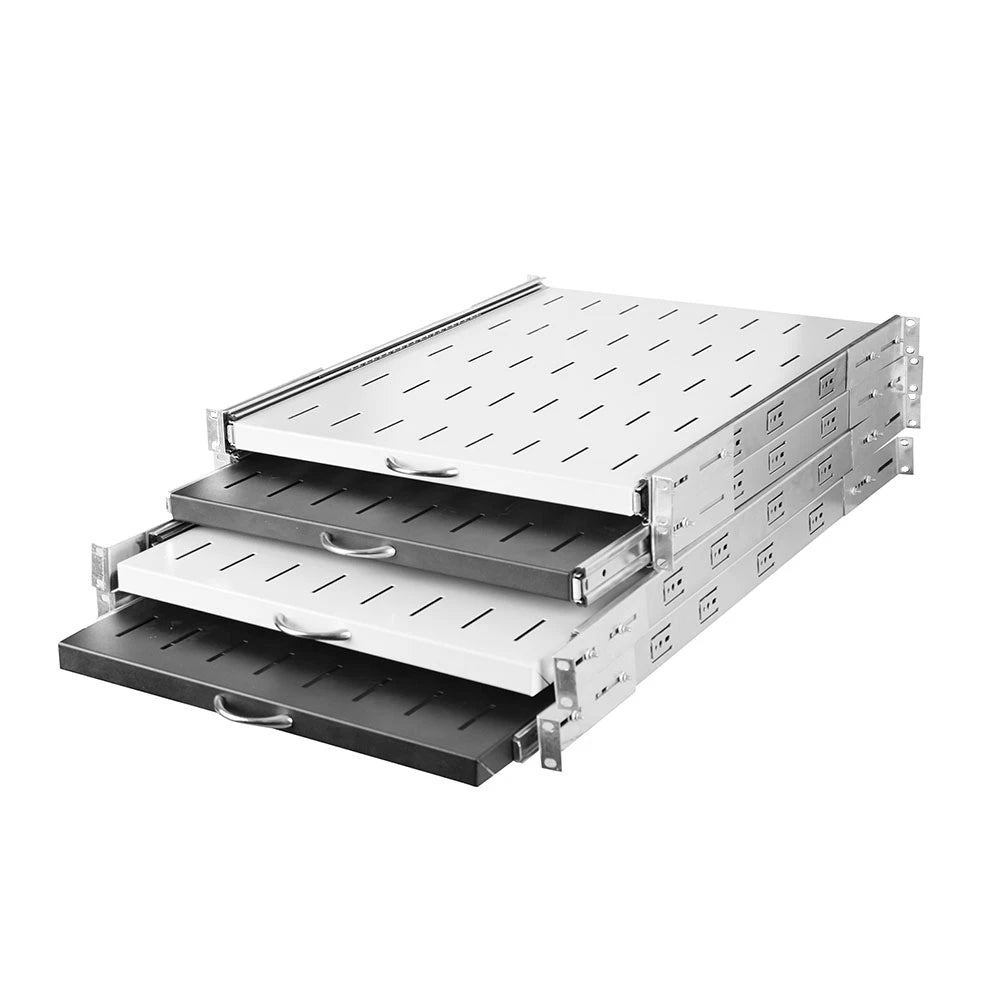 Sliding server rack shelf with vented design for improved airflow, ideal for rack mount setups.