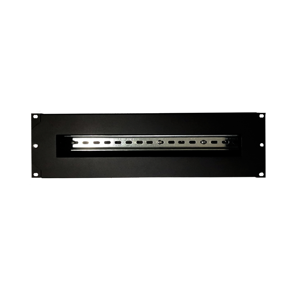 Steel rack mount panel with DIN rail, ideal for server and network use.