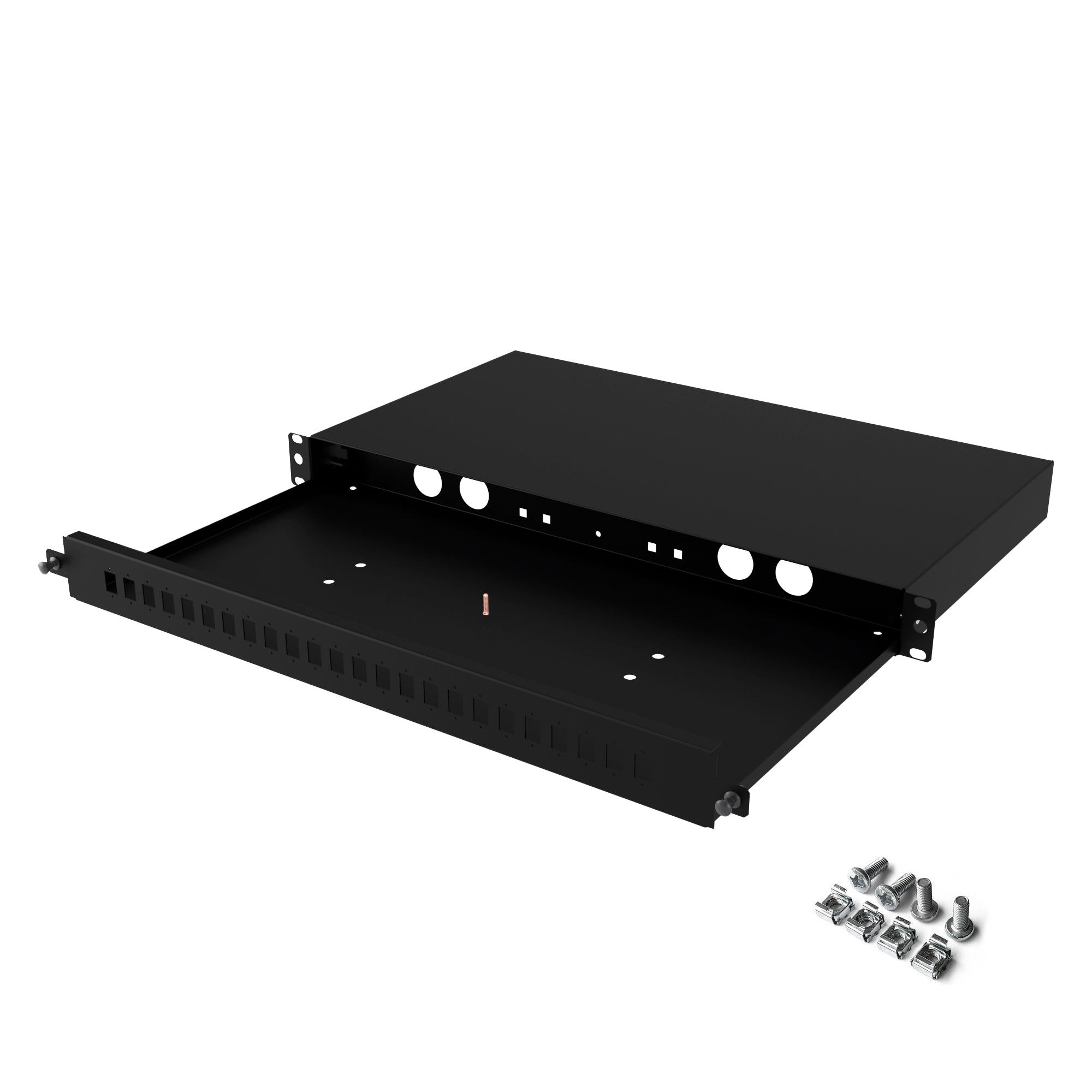 Sturdx blank patch panel for easy and efficient fiber optic cable organization.