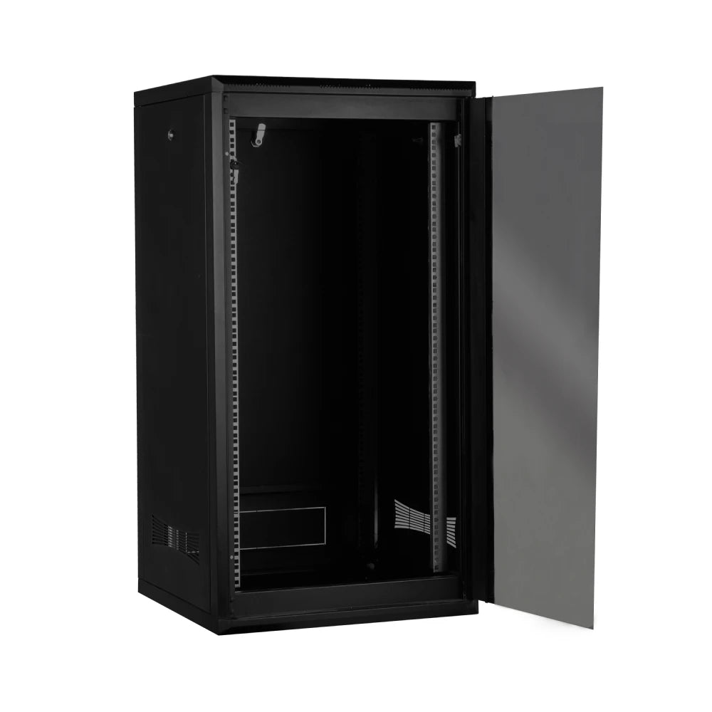 Sturdx server rack cabinet with tempered glass for secure and sleek IT equipment storage.