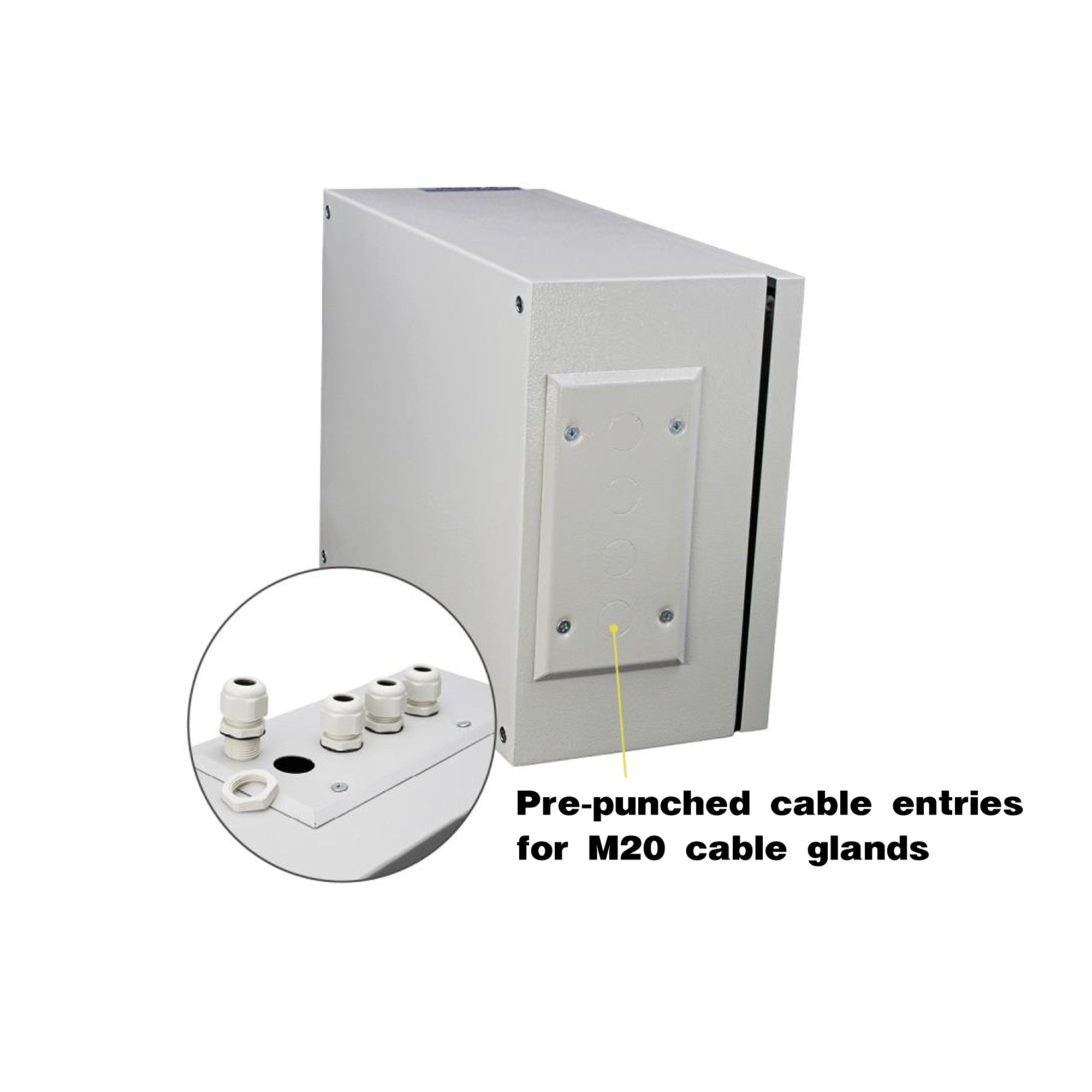 Sturdy IP65-rated metal electrical box with mounting plate for secure installation.