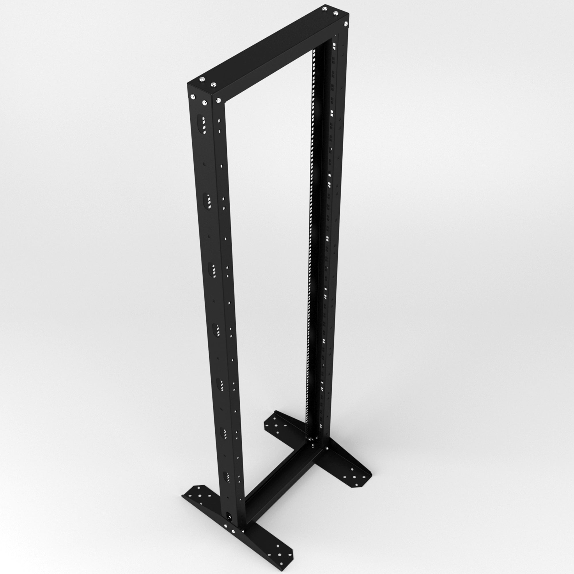 Thick steel open frame IT network rack with floor mountable legs for stability.