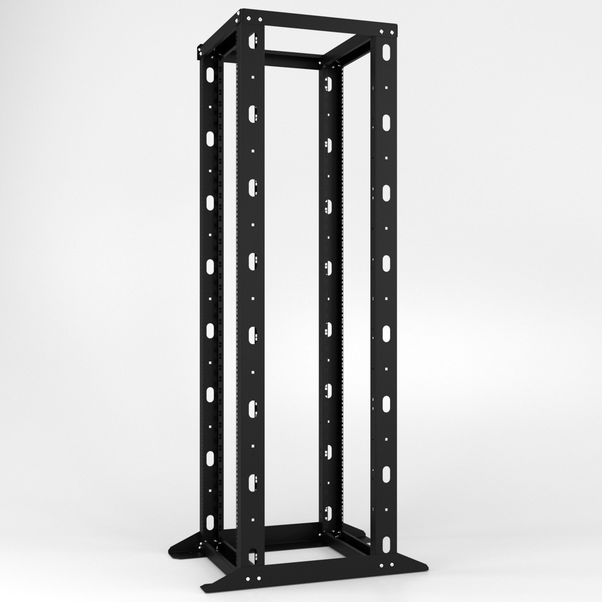 Thick steel open frame server rack, floor mountable for IT network equipment.