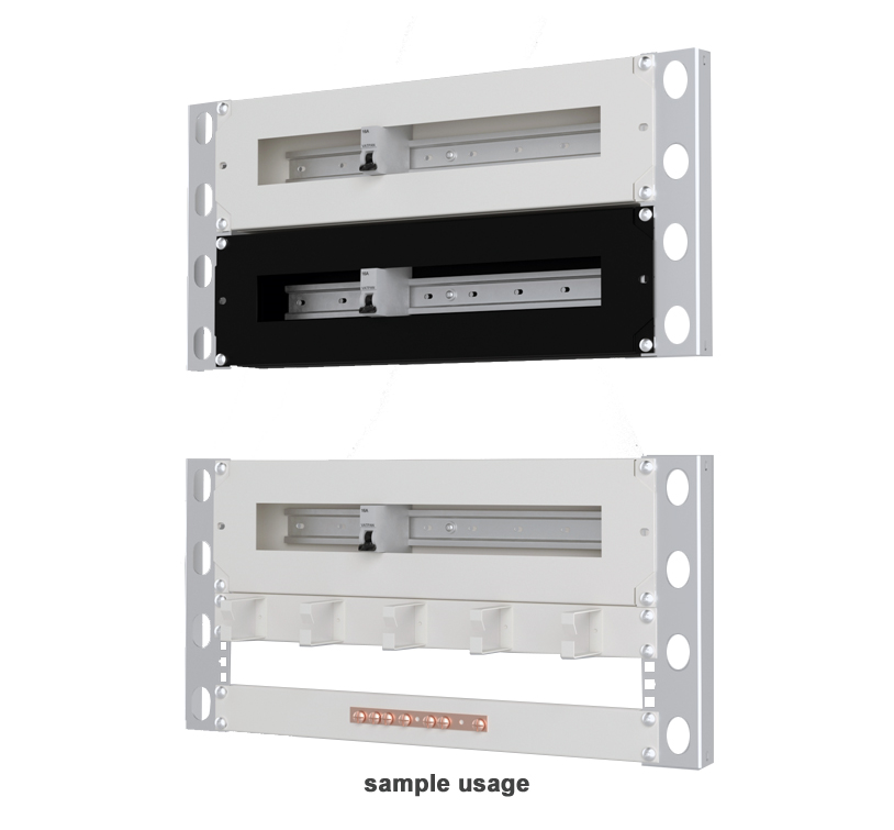 Useful steel rack mount panel for integrating DIN rail kits in server cabinets.