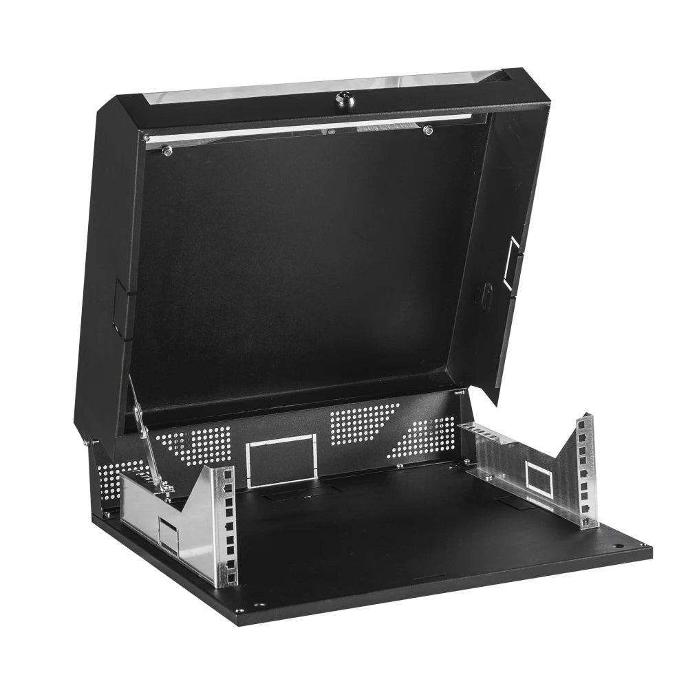 Slim wall mount network equipment enclosure with secure office box design for efficient IT cabinet storage.